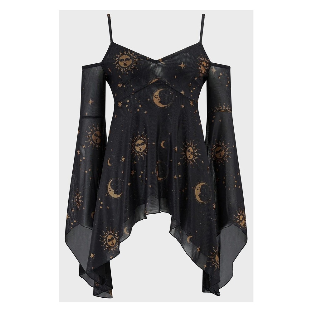 Killstar Nocturnova top Mesh Cold Shoulder Bell Sleeve Handkerchief Hem